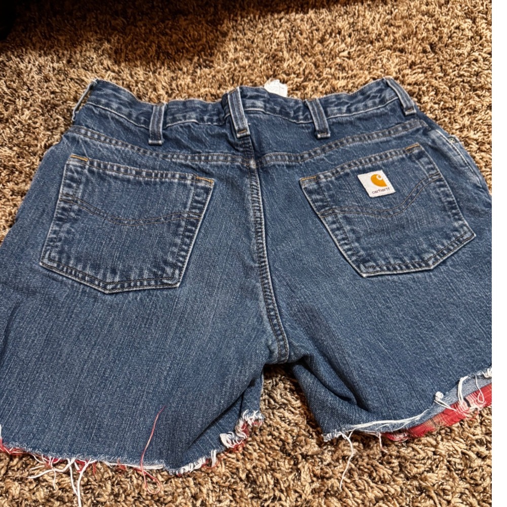 Carhartt Womens Flannel Lined Denim Cut Off Shorts Plaid WB172 VIO Blue 10